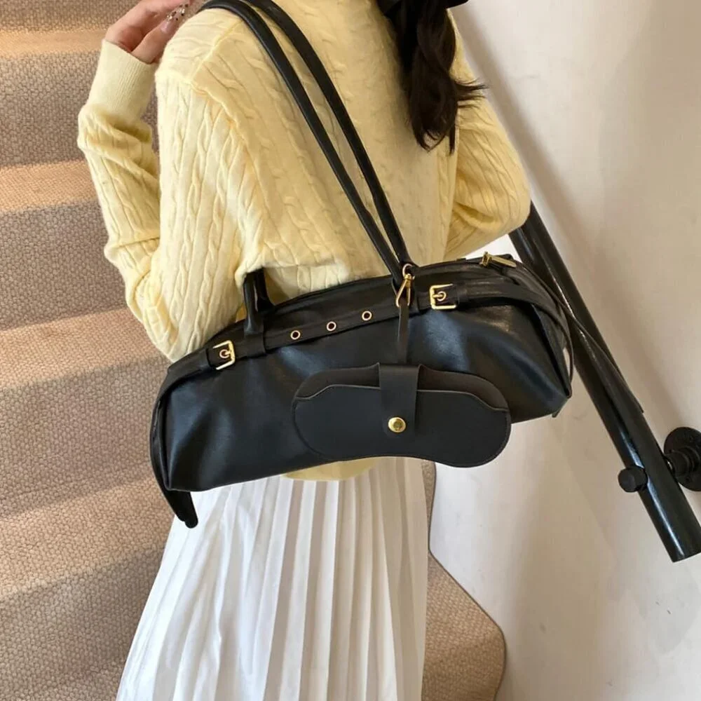 Wome'ns Black PU Leather Tote Bag Casual Bowling Bag Purse Retro Underarm